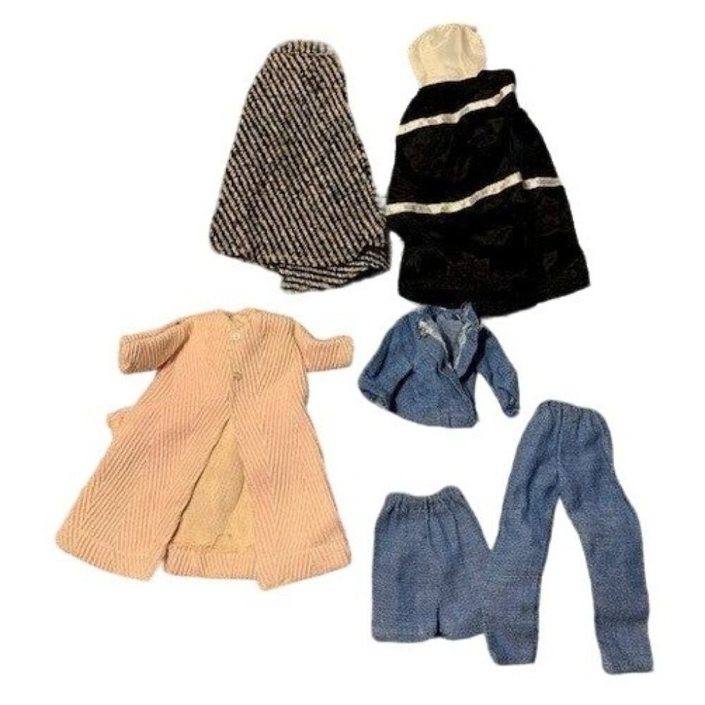 Vintage Doll Clothes Set: Striped Skirt Pink Coat Black Dress Denim Outfit Bundl